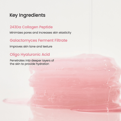 Biodance Collagen Gel Toner Pads key ingredients including 243Da Collagen Peptide, Galactomyces Ferment Filtrate, and Oligo Hyaluronic Acid.