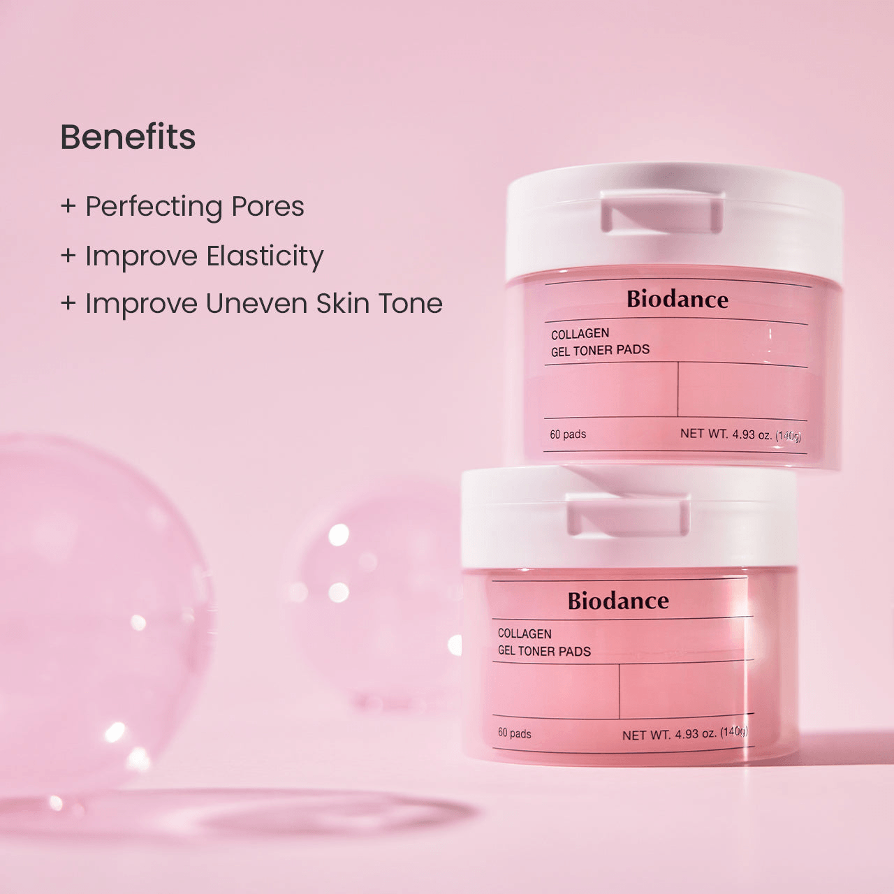 Biodance Collagen Gel Toner Pads in jars on pink background highlighting benefits for perfecting pores and improving elasticity.