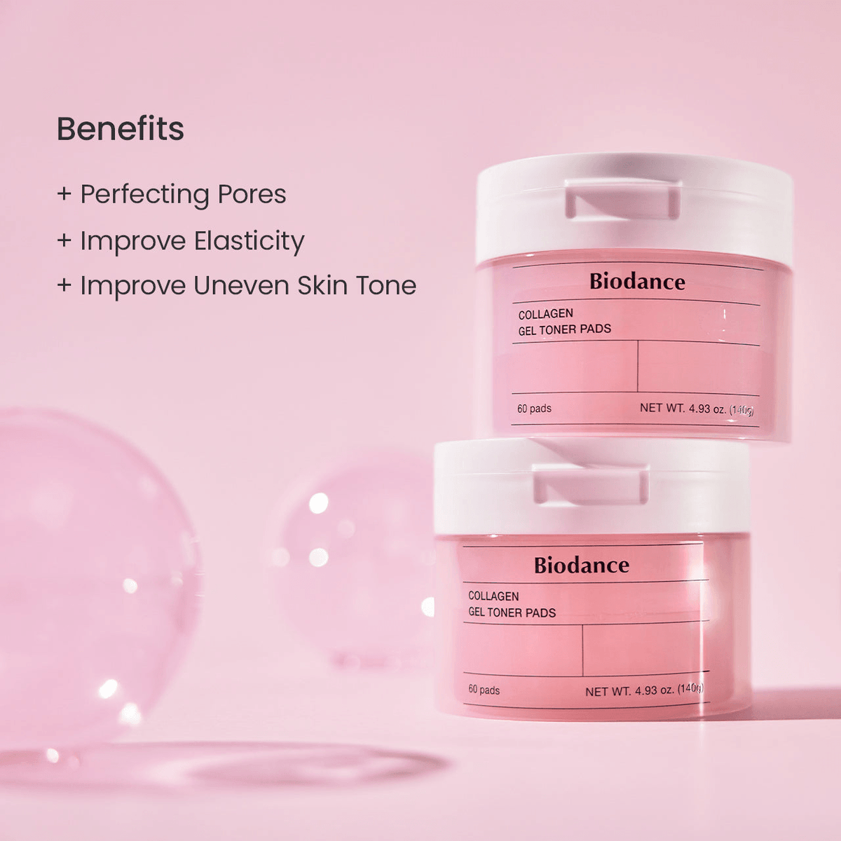 Biodance Collagen Gel Toner Pads in jars on pink background highlighting benefits for perfecting pores and improving elasticity.