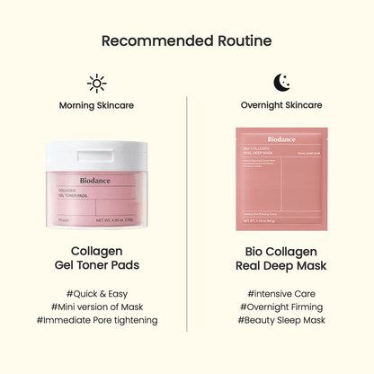 Recommended skincare routine featuring Biodance Collagen Gel Toner Pads and Bio Collagen Real Deep Mask.