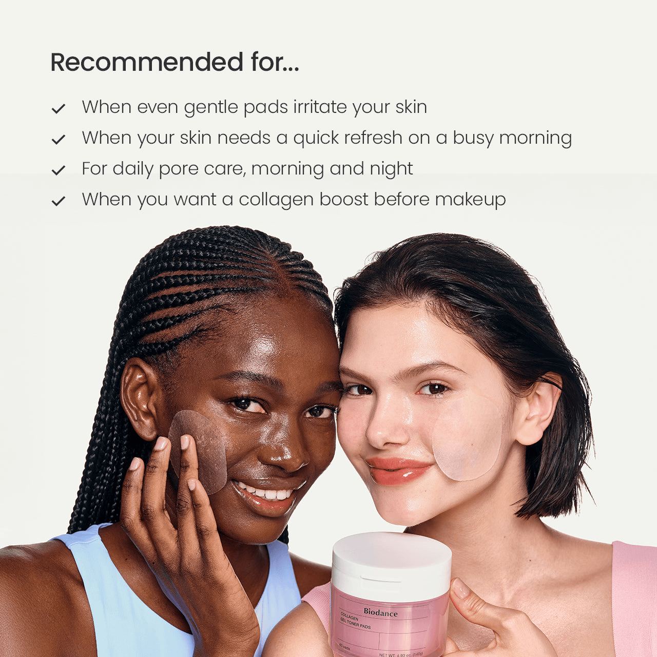 Two women using Biodance Collagen Gel Toner Pads for skincare, highlighting refreshing and hydrating benefits.