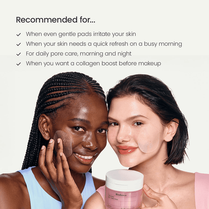 Two women using Biodance Collagen Gel Toner Pads for skincare, highlighting refreshing and hydrating benefits.