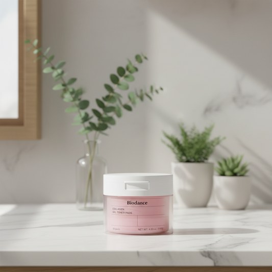 Biodance Collagen Gel Toner Pads packaging, a jar containing 60 gel toner pads for skin hydration and firmness.