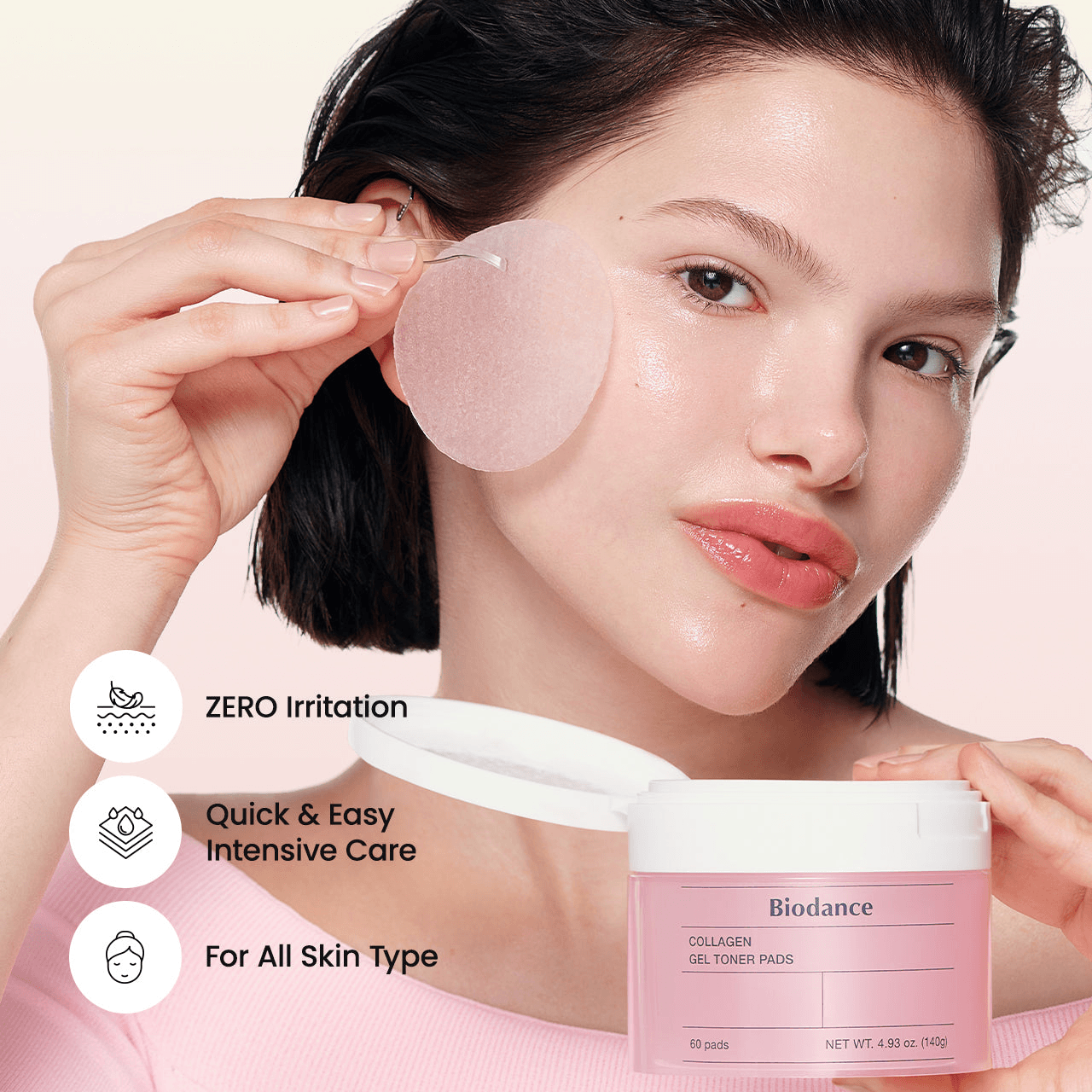 Biodance Collagen Gel Toner Pads displayed with user applying a toner pad for refreshed skin.