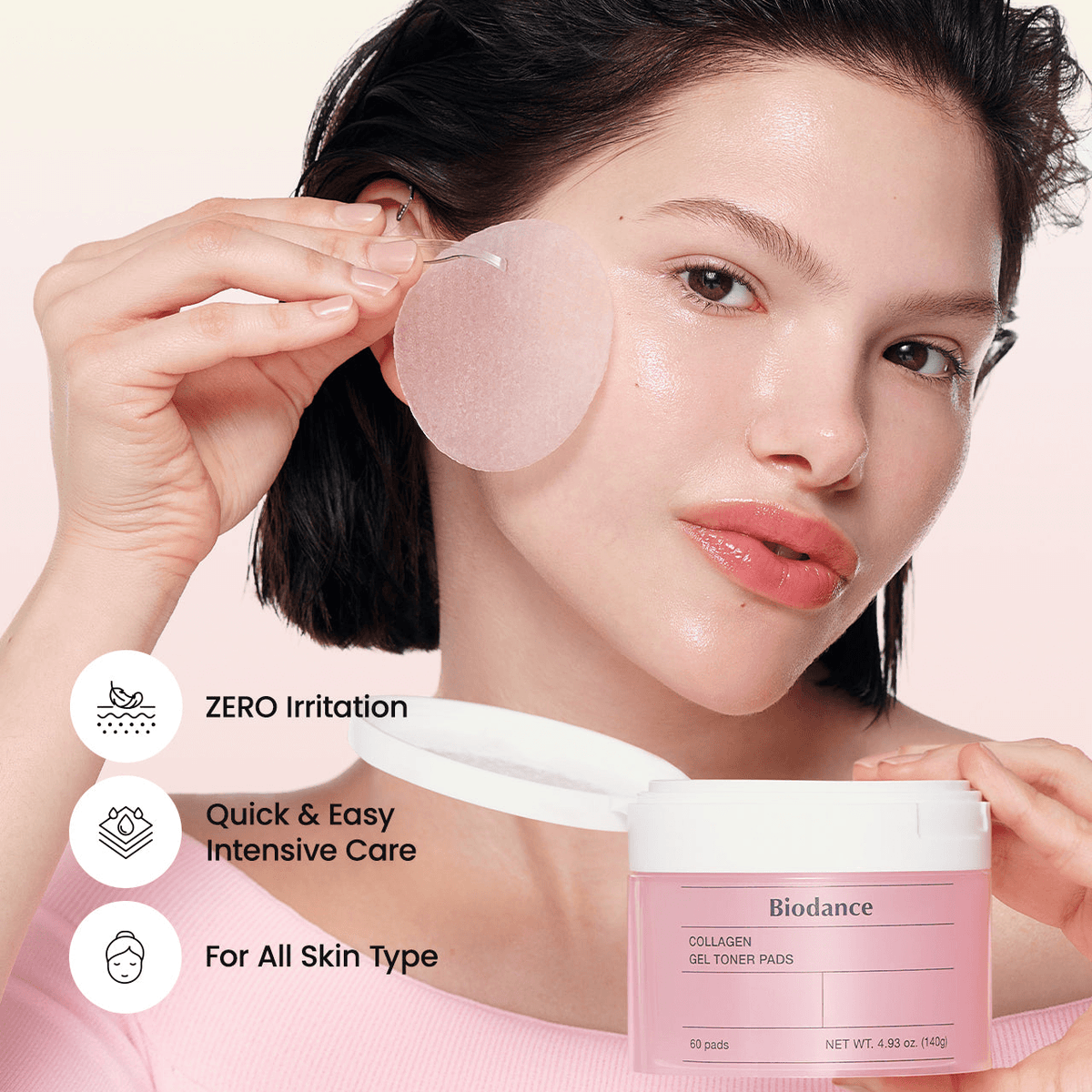 Biodance Collagen Gel Toner Pads displayed with user applying a toner pad for refreshed skin.