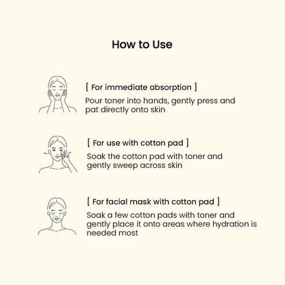 How to use Biodance First Synergy Toner for immediate absorption, with cotton pad, and for facial mask application.