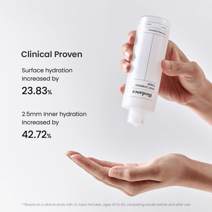 Biodance First Synergy Toner in hand highlighting clinical hydration results of 23.83% surface and 42.72% inner hydration.