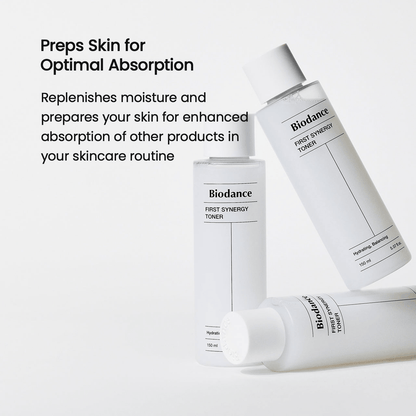 Biodance First Synergy Toner bottles showcasing hydration and skin prep for optimal absorption in skincare routine.