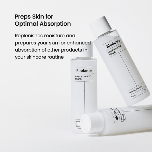 Biodance First Synergy Toner bottles showcasing hydration and skin prep for optimal absorption in skincare routine.
