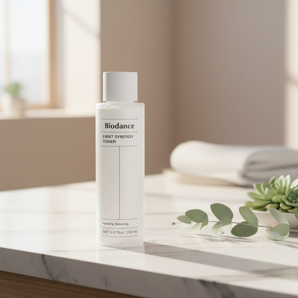 Biodance First Synergy Toner bottle packaging for hydration and balancing skin care.