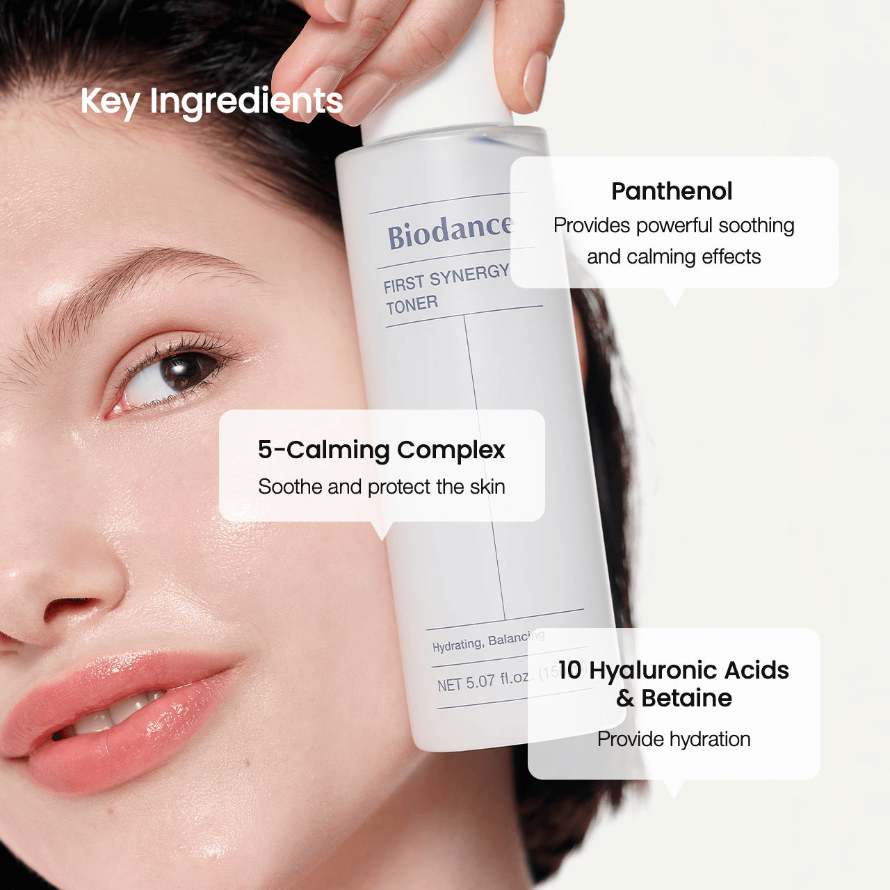 Biodance First Synergy Toner key ingredients including Panthenol, 5-Calming Complex, and 10 Hyaluronic Acids & Betaine.