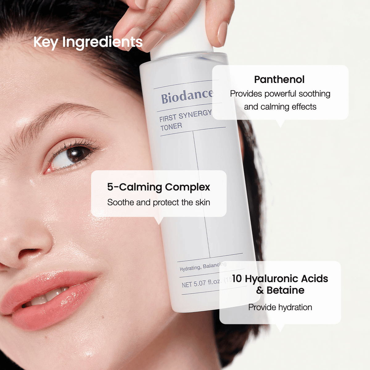 Biodance First Synergy Toner key ingredients including Panthenol, 5-Calming Complex, and 10 Hyaluronic Acids & Betaine.