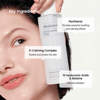 Biodance First Synergy Toner key ingredients including Panthenol, 5-Calming Complex, and 10 Hyaluronic Acids & Betaine.