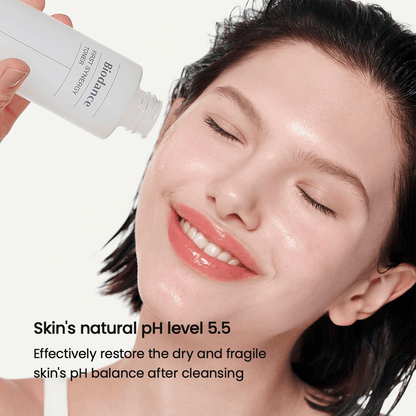 Biodance First Synergy Toner being applied for hydration, supporting skin pH balance after cleansing.