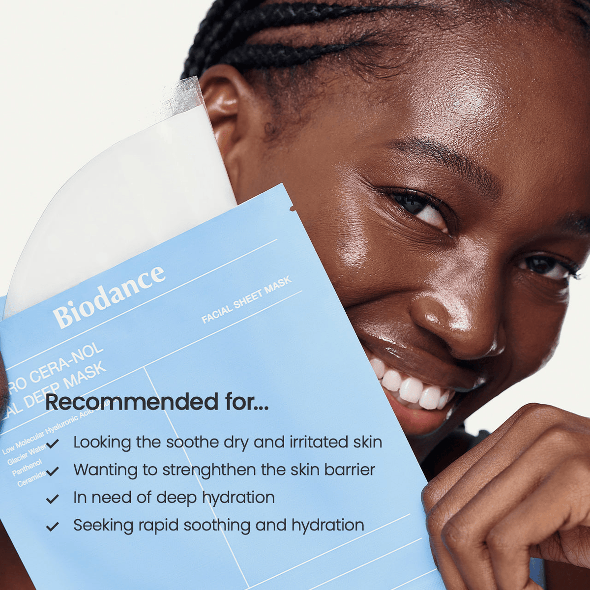 Image of a woman holding Biodance Hydro Cera-nol Real Deep Mask, smiling and showcasing skincare benefits.