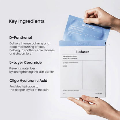 Biodance Hydro Cera-nol Real Deep Mask packaging with key ingredients for hydration and skin soothing benefits.