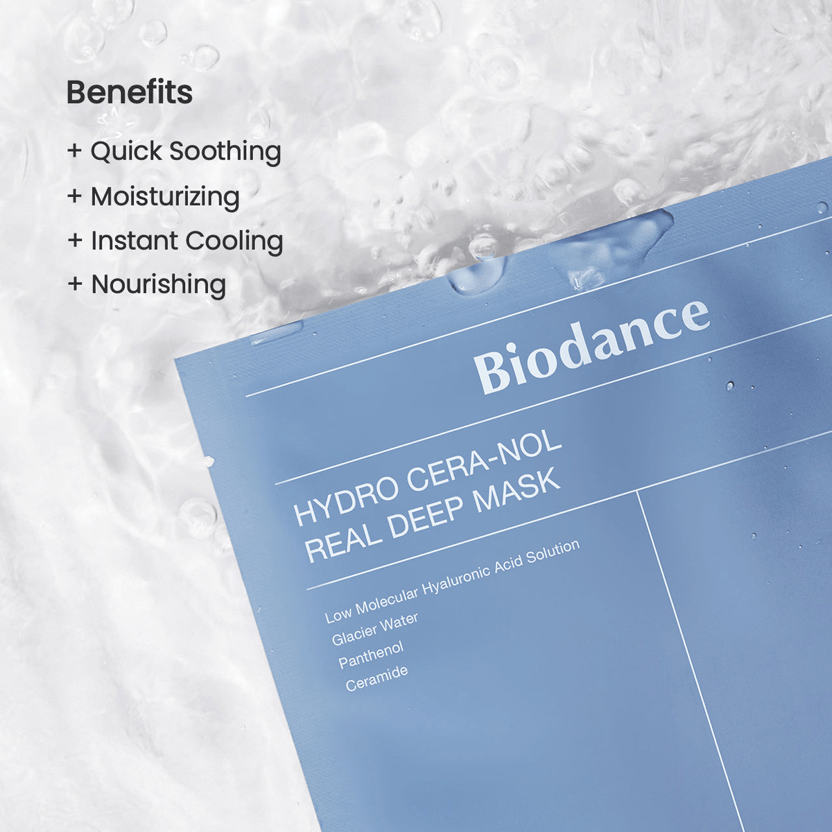 Biodance Hydro Cera-nol Real Deep Mask packaging displaying benefits for soothing and moisturizing skin.
