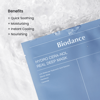 Biodance Hydro Cera-nol Real Deep Mask packaging displaying benefits for soothing and moisturizing skin.
