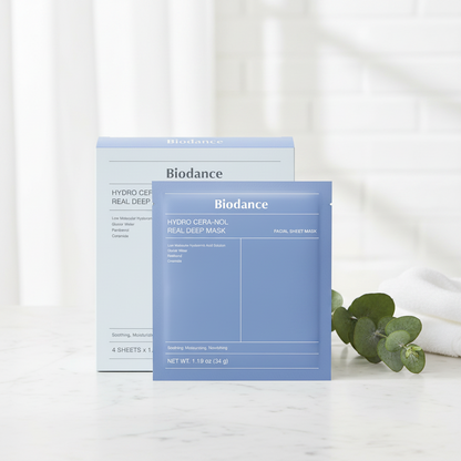 Biodance Hydro Cera-nol Real Deep Mask packaging and sheet, soothing hydrogel for sensitive skin hydration.