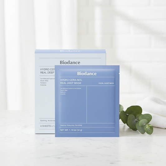 Biodance Hydro Cera-nol Real Deep Mask packaging and sheet, soothing hydrogel for sensitive skin hydration.