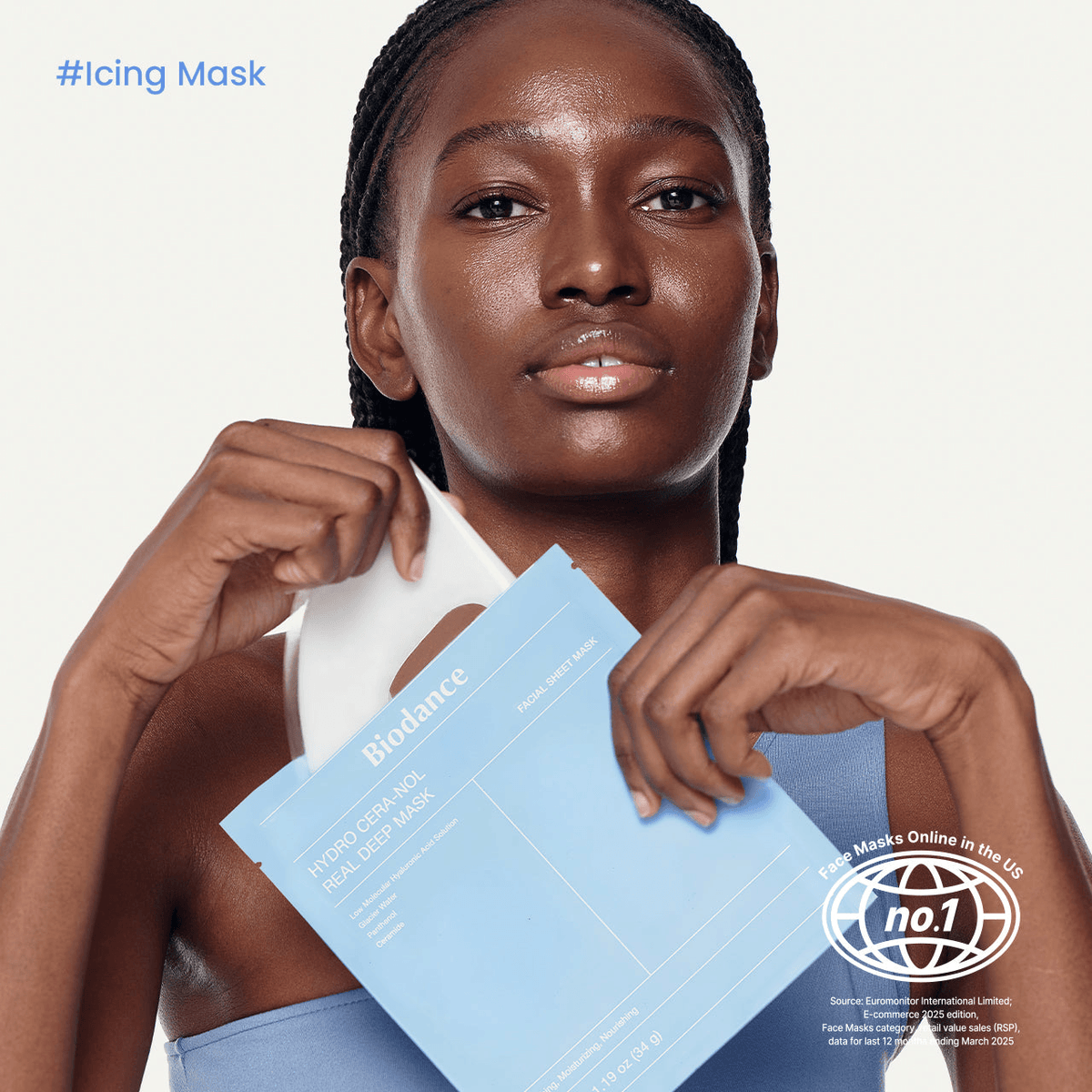 Model holding Biodance Hydro Cera-nol Real Deep Mask, promoting deep hydration for sensitive skin.