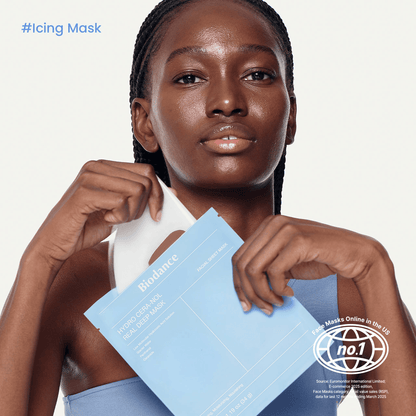 Model holding Biodance Hydro Cera-nol Real Deep Mask, promoting deep hydration for sensitive skin.