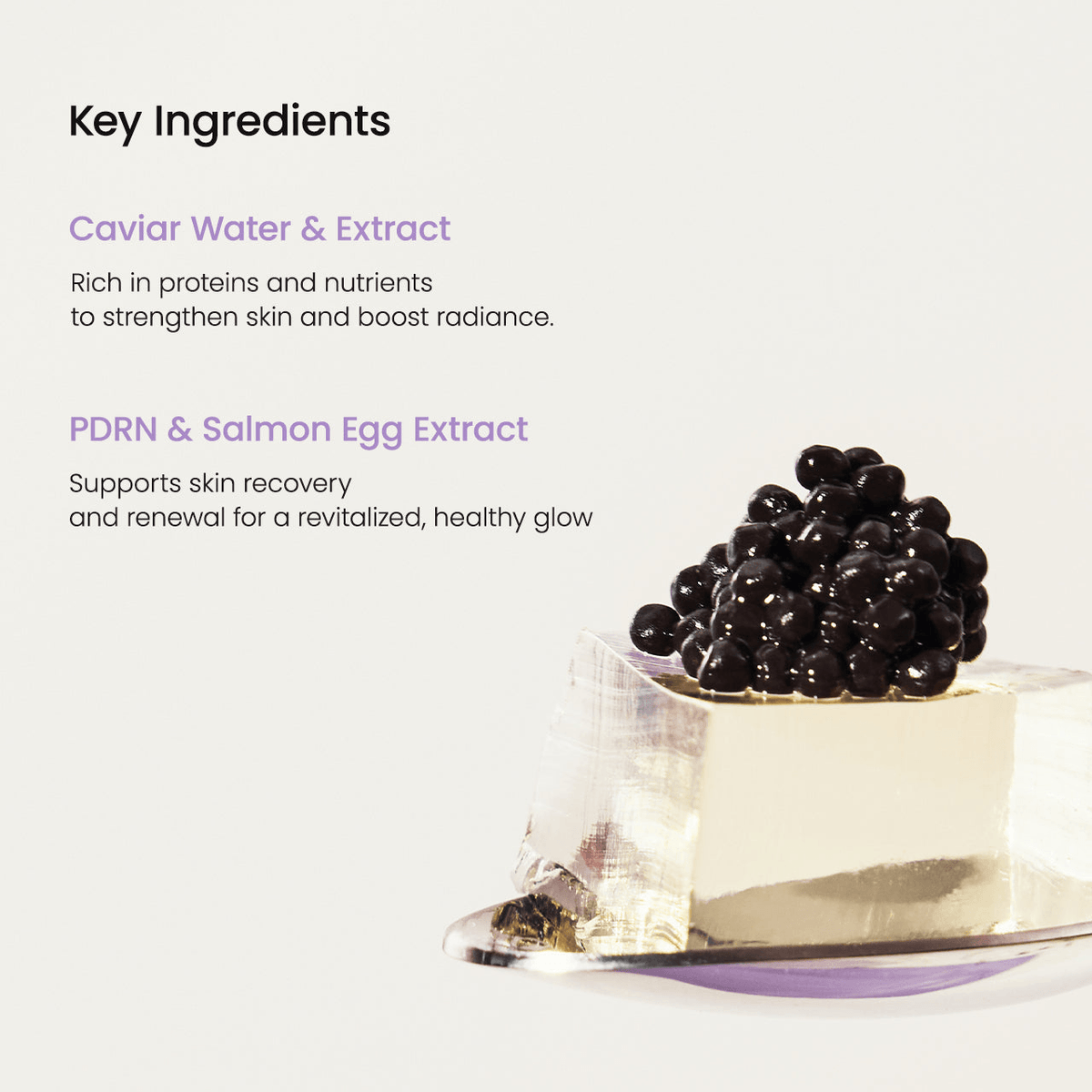 Key ingredients in Biodance Rejuvenating Caviar PDRN Real Deep Mask showing caviar water and PDRN for skin revitalization.