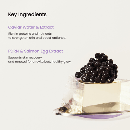 Key ingredients in Biodance Rejuvenating Caviar PDRN Real Deep Mask showing caviar water and PDRN for skin revitalization.