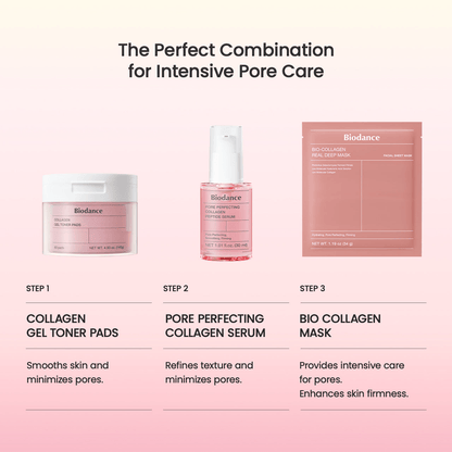 Biodance Pore Perfecting Collagen Peptide Serum as part of intensive pore care routine with toner pads and bio collagen mask.