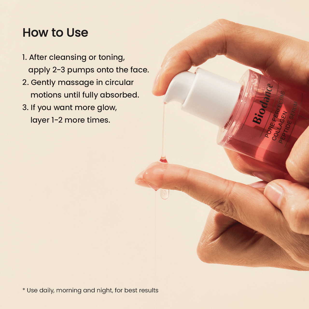How to use Biodance Pore Perfecting Collagen Peptide Serum, applying serum with hand for smooth skin.