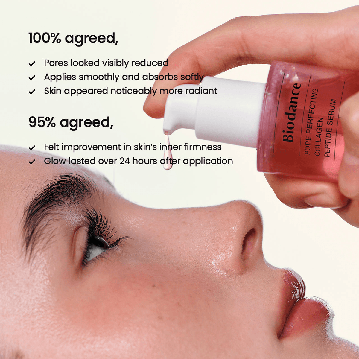 Biodance Pore Perfecting Collagen Peptide Serum being applied for smoother, firmer skin and reduced pores.