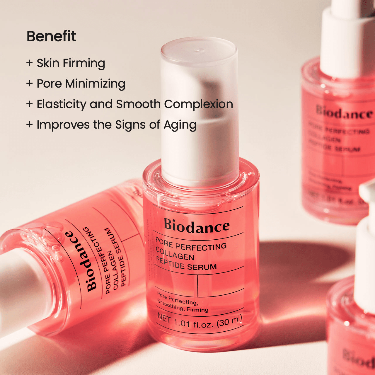 Biodance Pore Perfecting Collagen Peptide Serum bottles showcasing skin firming and pore minimizing benefits.