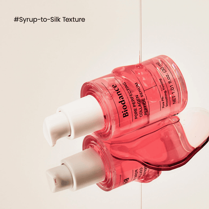 Biodance Pore Perfecting Collagen Peptide Serum bottle on a reflective surface highlighting its syrup-to-silk texture.