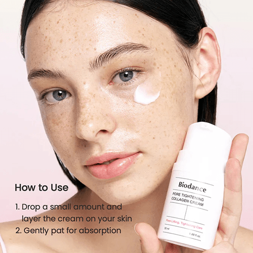 Biodance Pore Tightening Collagen Cream application instructions on a model's face, showing smooth skin and hydration.