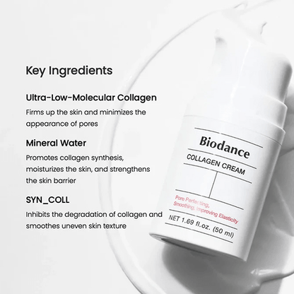 Biodance Pore Tightening Collagen Cream with key ingredients listed including Ultra-Low-Molecular Collagen and Mineral Water.
