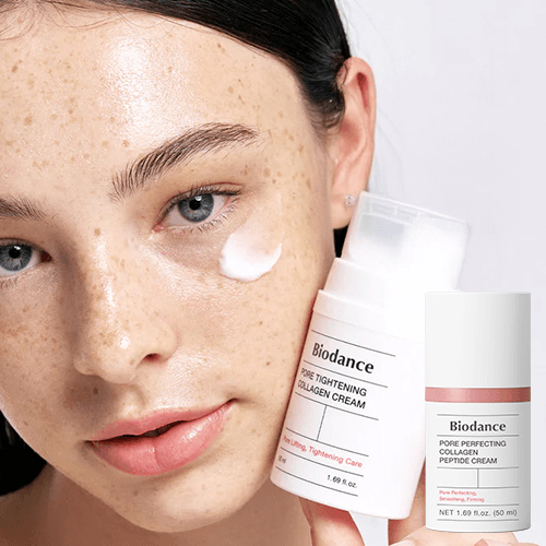 Biodance Pore Tightening Collagen Cream on skin with woman applying, showcasing smooth and hydrated skin.