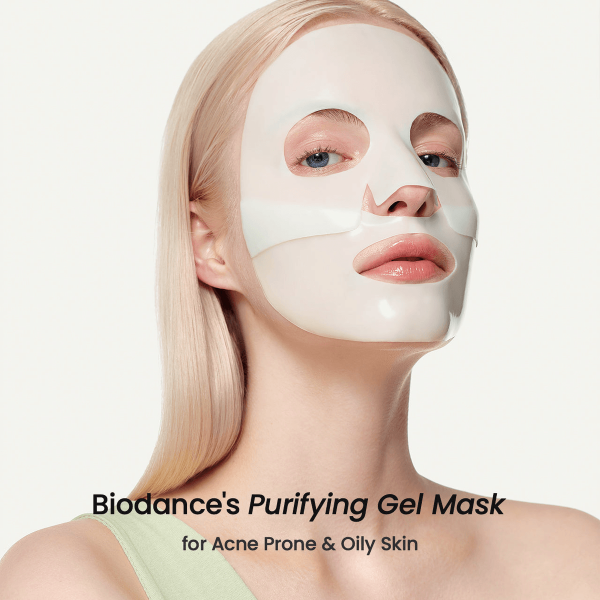 Biodance Refreshing Sea Kelp Real Deep Mask on model with focus on acne-prone and oily skin benefits.