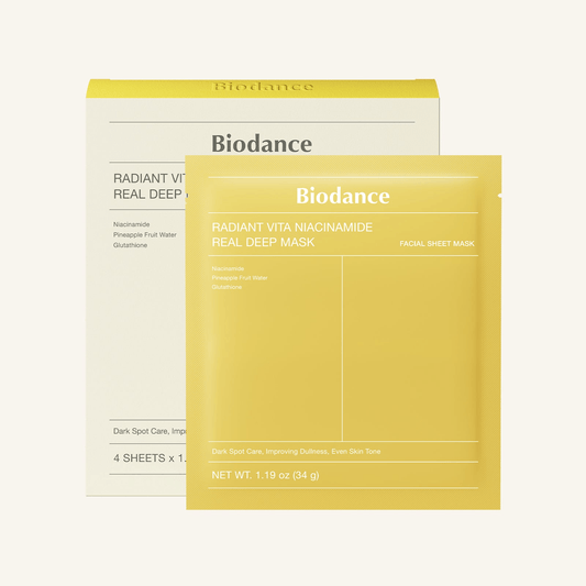 Biodance Radiant Vita Niacinamide Real Deep Mask product packaging featuring dark spot correcting ingredients.