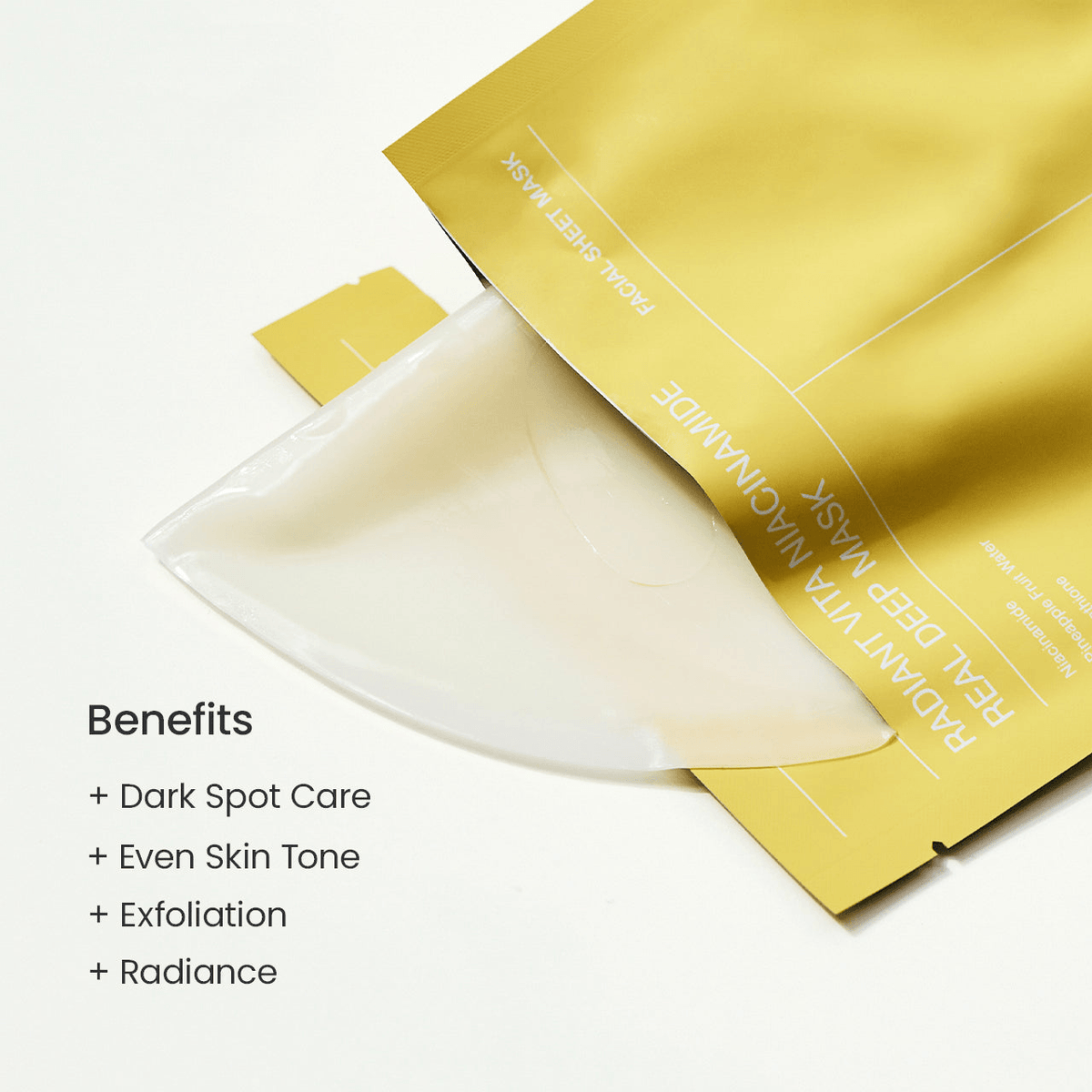Biodance Radiant Vita Niacinamide Real Deep Mask benefits including dark spot care, even skin tone, exfoliation, and radiance.