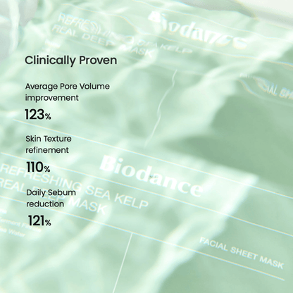 Biodance Refreshing Sea Kelp Real Deep Mask clinical results showcasing pore improvement, skin texture refinement, and sebum reduction.