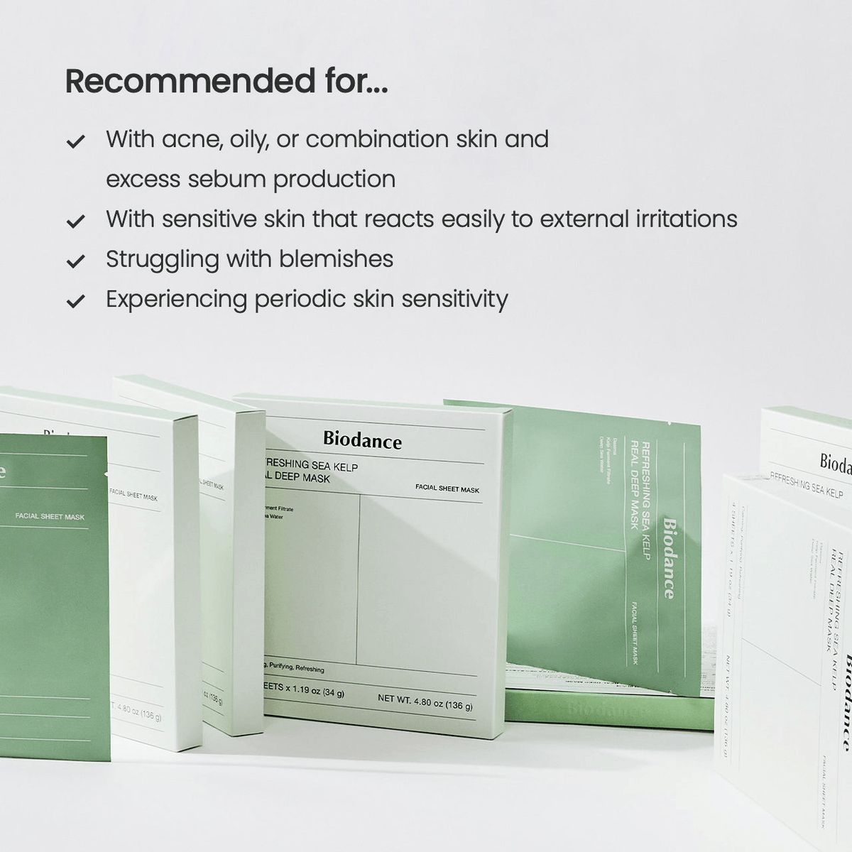 Biodance Refreshing Sea Kelp Real Deep Mask packaging, recommended for oily and sensitive skin. Korean skincare products.