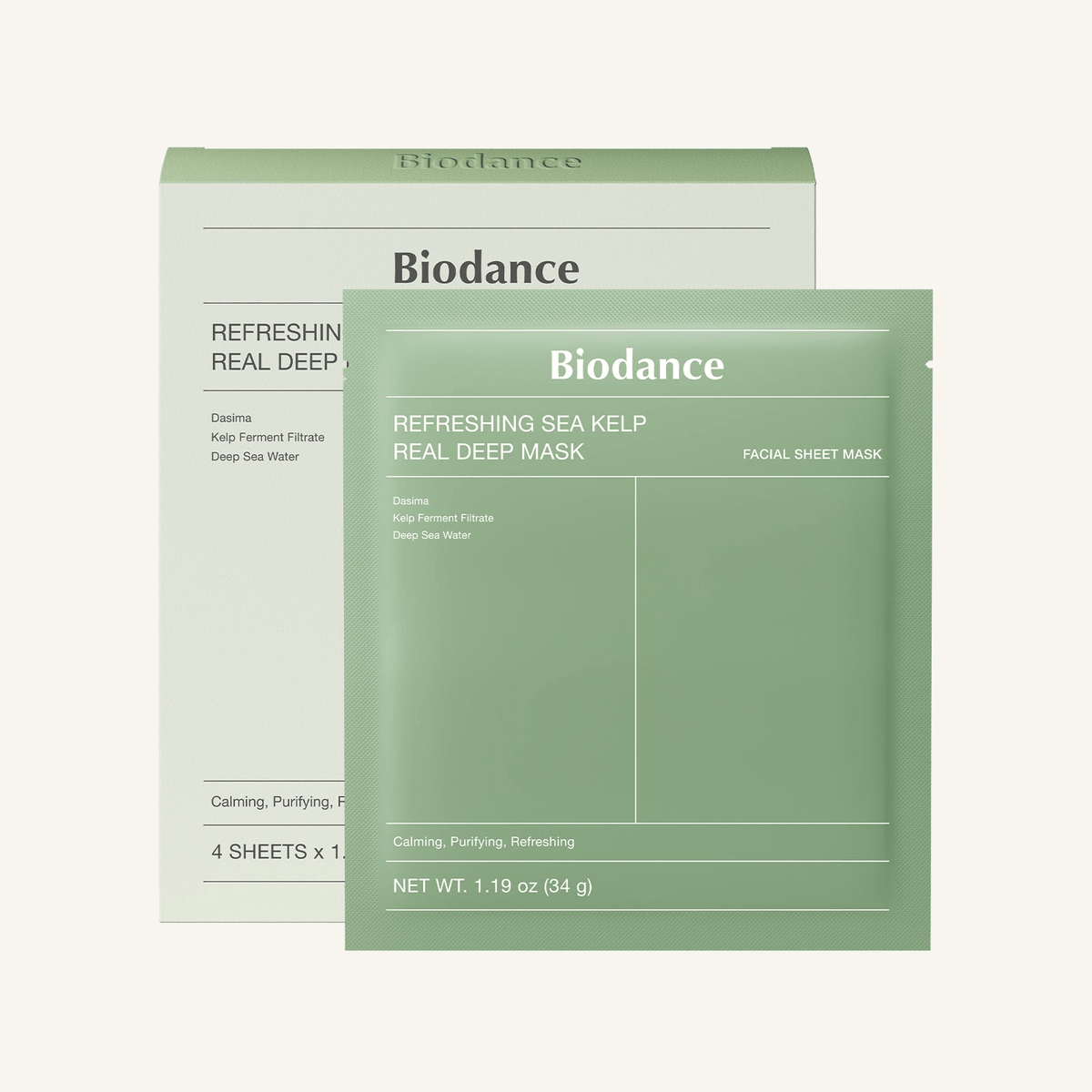 Biodance Refreshing Sea Kelp Real Deep Mask packaging with facial sheet mask and ingredients.