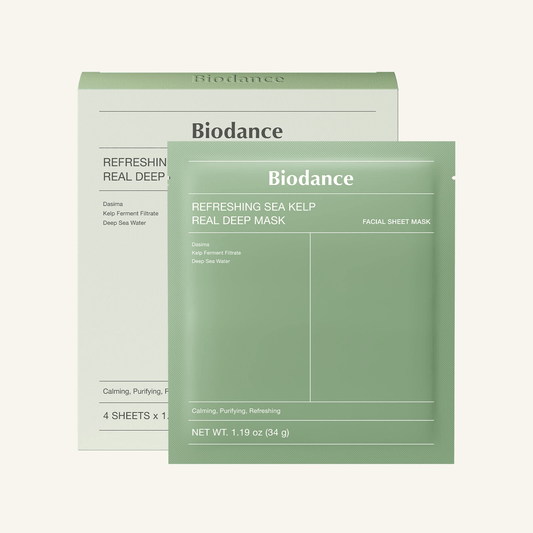 Biodance Refreshing Sea Kelp Real Deep Mask packaging with facial sheet mask and ingredients.