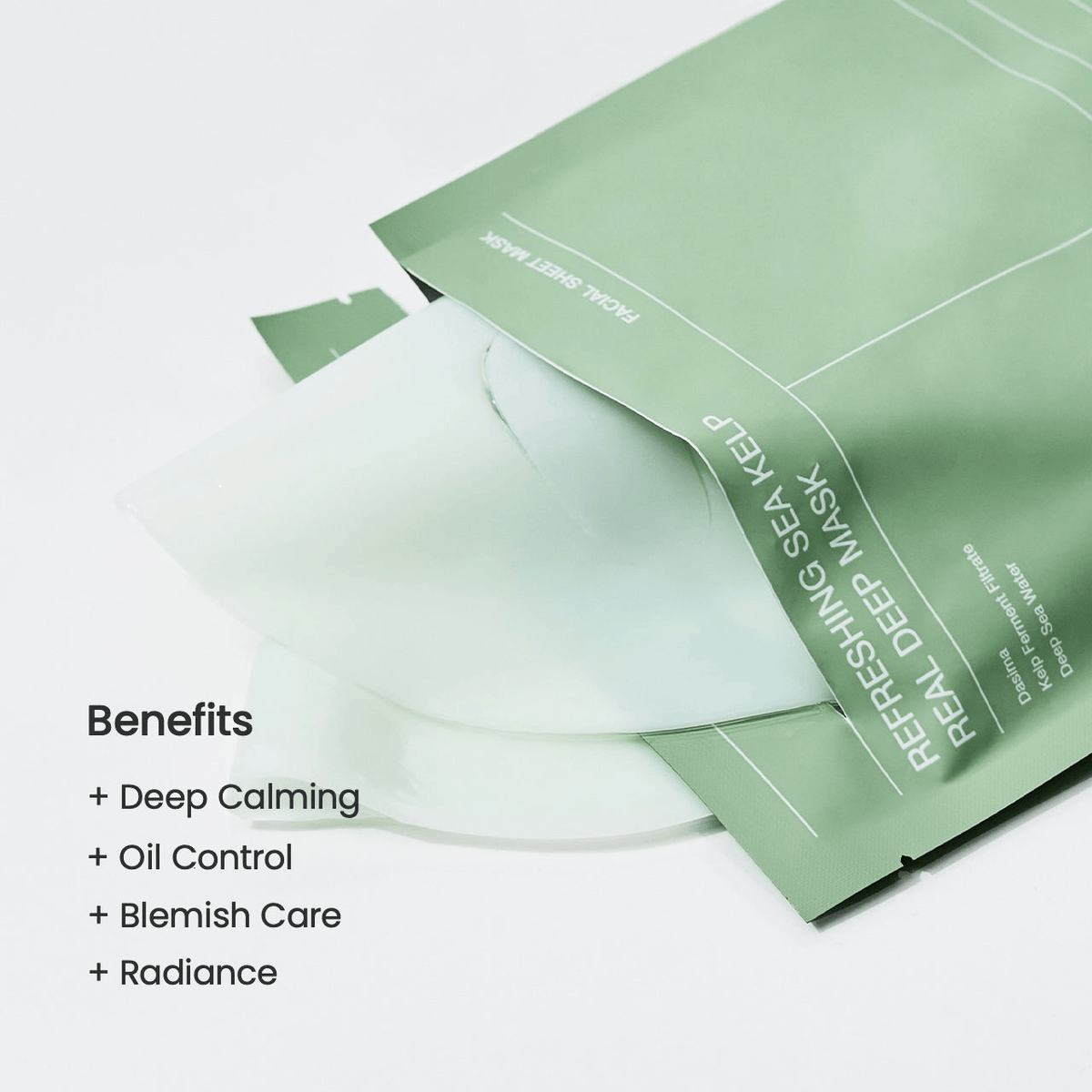 Biodance Refreshing Sea Kelp Real Deep Mask package showing benefits like deep calming, oil control, blemish care, and radiance.