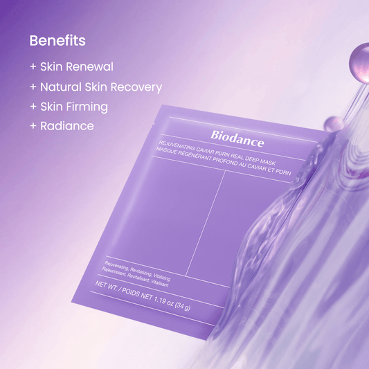 Biodance Rejuvenating Caviar PDRN Real Deep Mask with benefits of skin renewal, natural recovery, firming, and radiance.