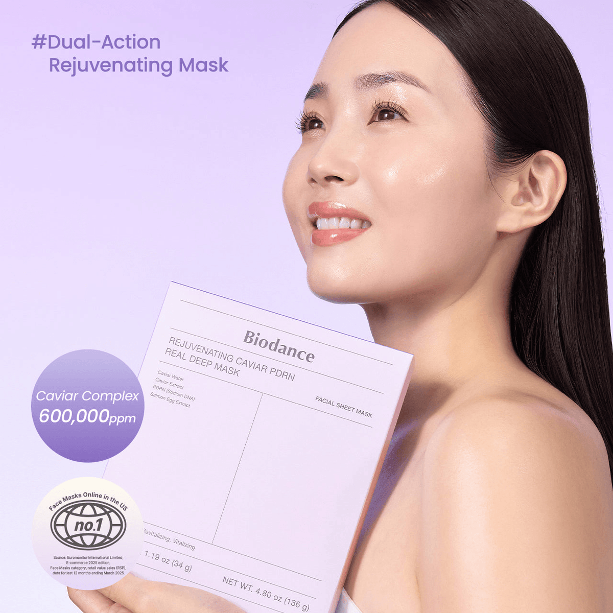 Biodance Rejuvenating Caviar PDRN Real Deep Mask held by a model showcasing Korean skincare products benefits.