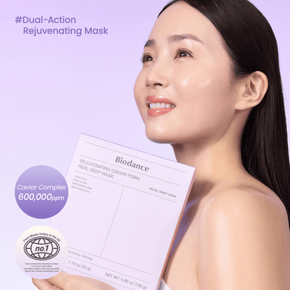 Biodance Rejuvenating Caviar PDRN Real Deep Mask held by a model showcasing Korean skincare products benefits.