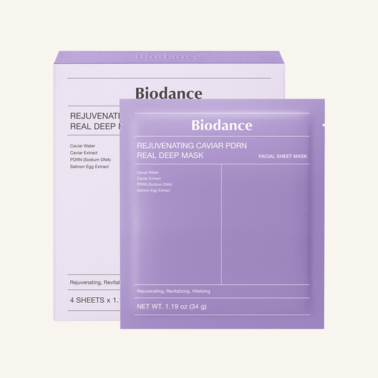 Biodance Rejuvenating Caviar PDRN Real Deep Mask packaging with caviar and PDRN ingredients for Korean skincare products.