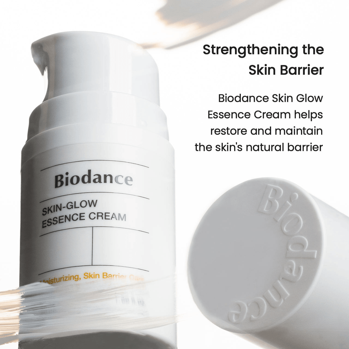 Biodance Skin Glow Essence Cream bottle promoting skin barrier strengthening and hydration.