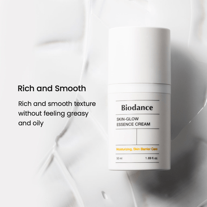 Biodance Skin Glow Essence Cream in a sleek container showcasing rich and smooth texture for effective skin hydration.